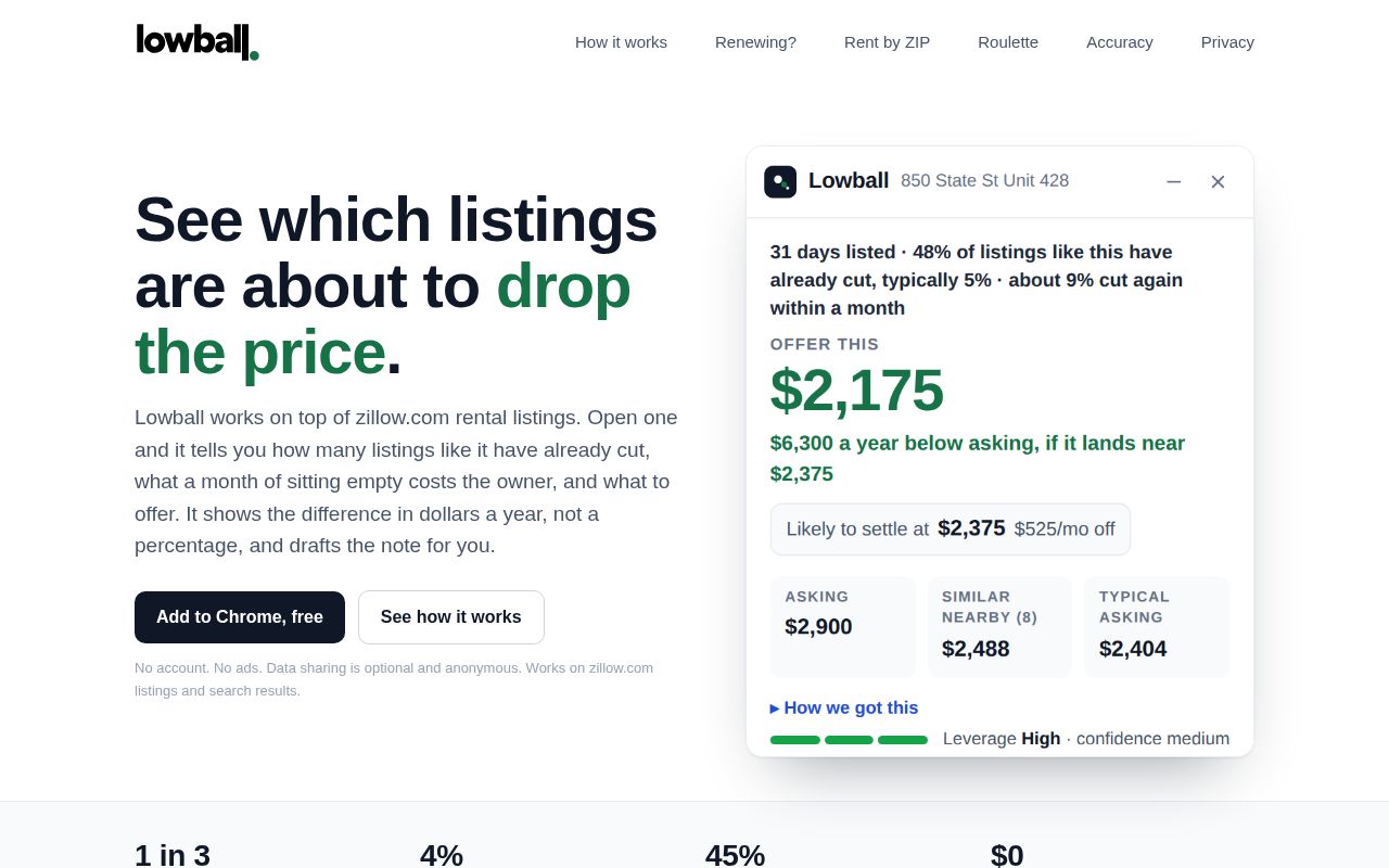Preview of lowball.rent landing page and privacy policy
