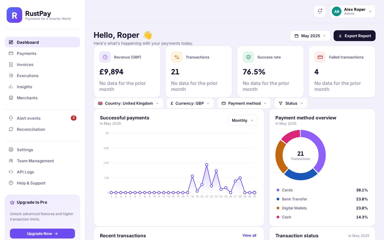 Preview of RustPay payments dashboard - live static demo