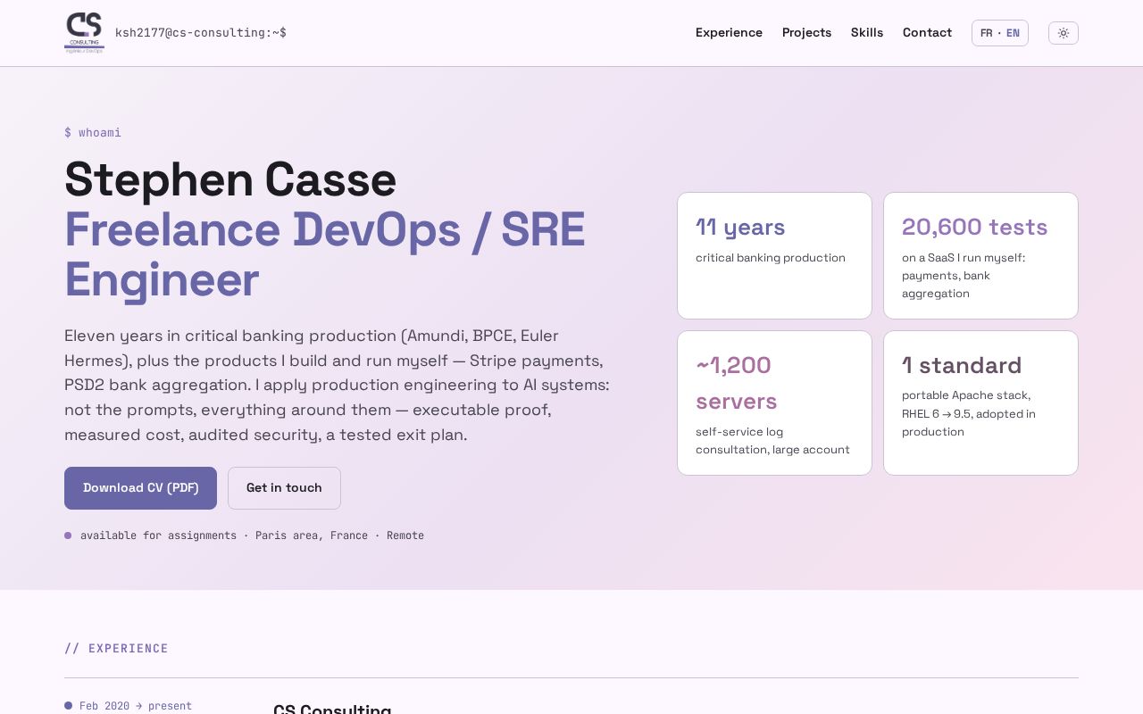 Preview of CV portfolio — Stephen Casse, Ingénieur DevOps (design CRT terminal)