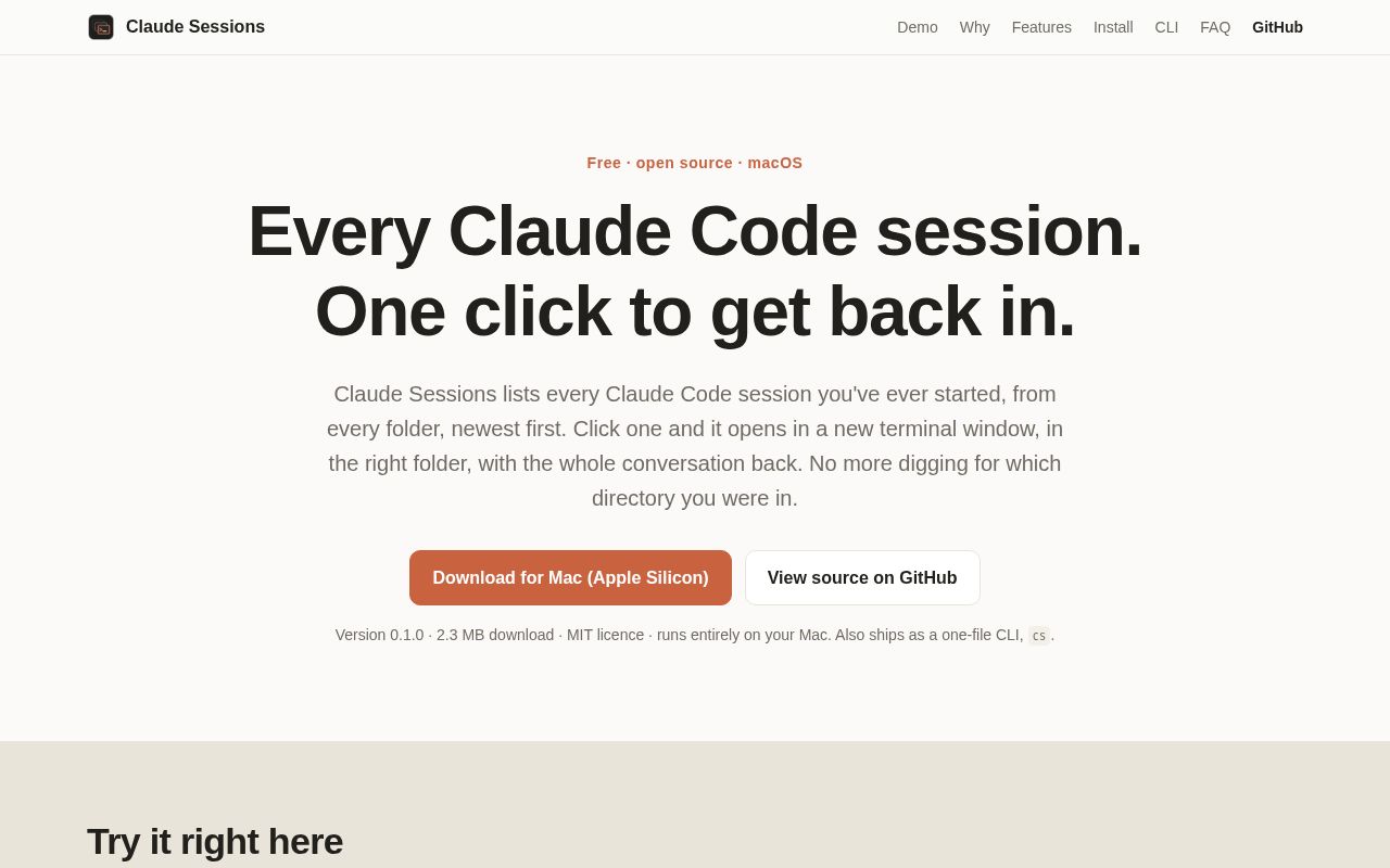Preview of Claude Sessions: find and reopen every Claude Code session