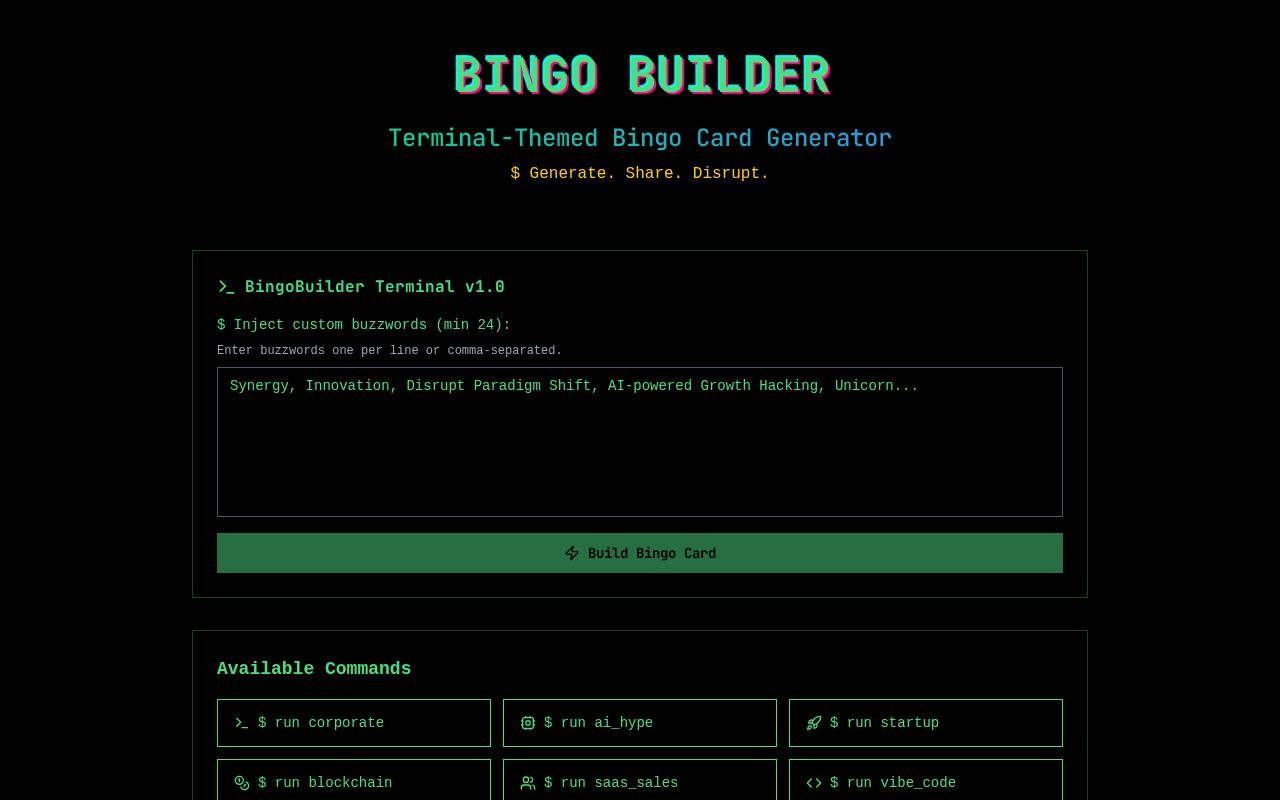 Preview of BingoBuilder.xyz – Terminal Style Bingo Card Generator