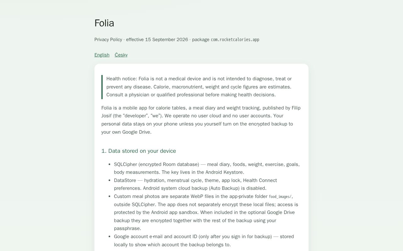Preview of Public privacy policy for Folia (Android)