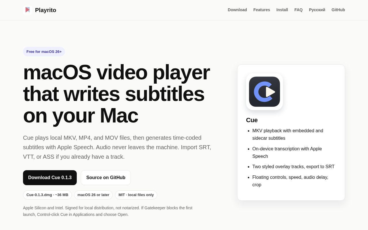 Preview of Native macOS video player with local, on-device subtitles.