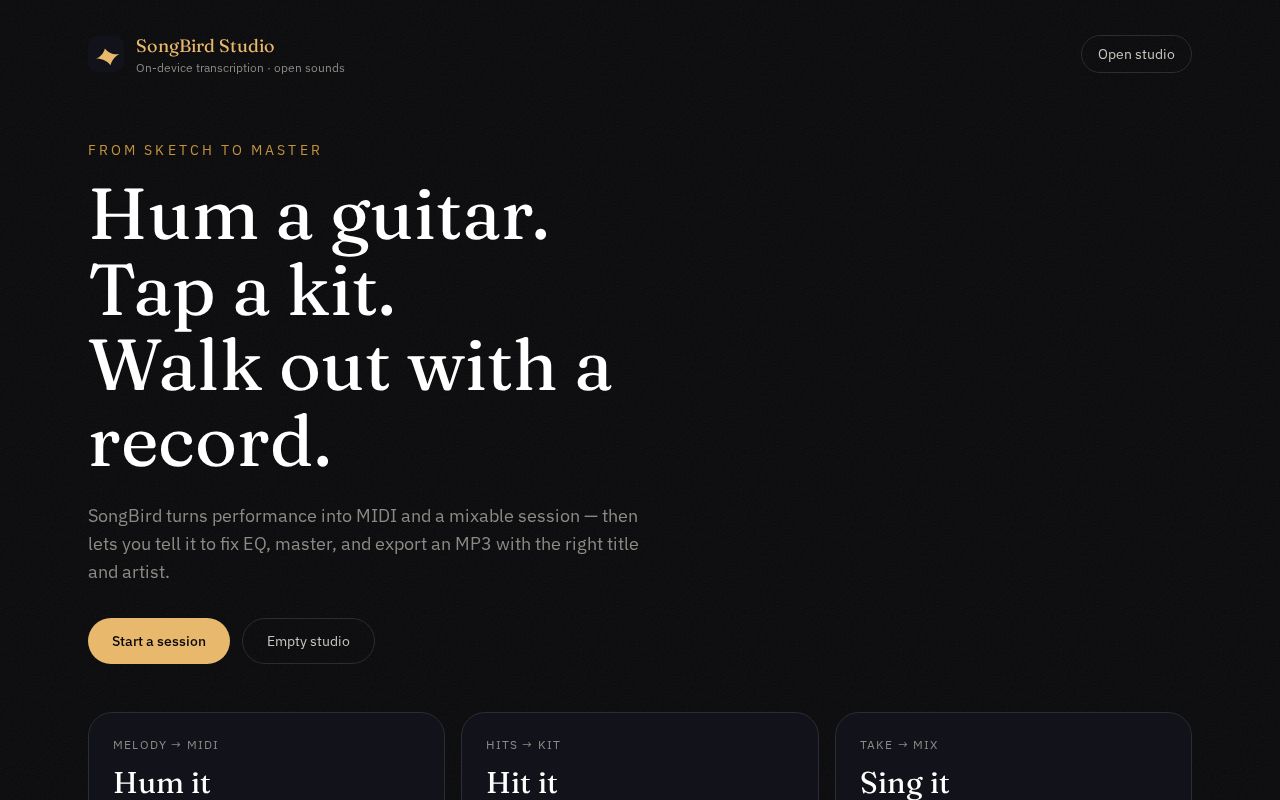 Preview of SongBird Studio — hum, tap, and sing into MIDI and mastered MP3s