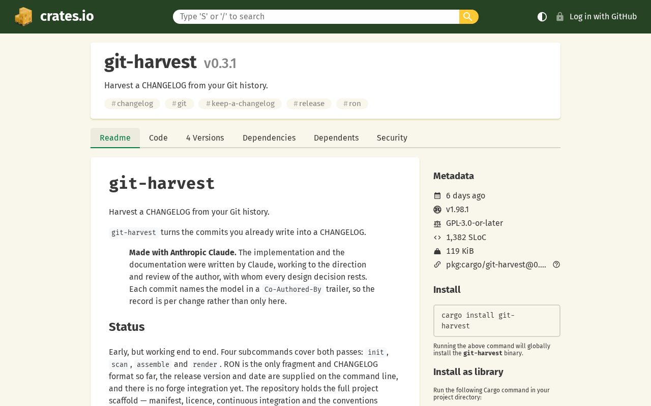 Preview of Harvest a CHANGELOG from your Git history.