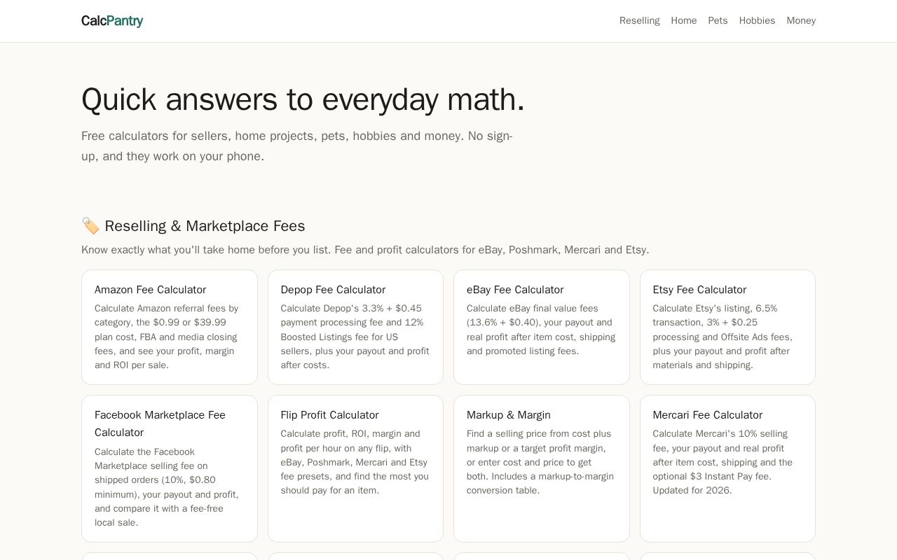 Preview of CalcPantry: Free Calculators for Sellers, Home Projects, Pets & Money
