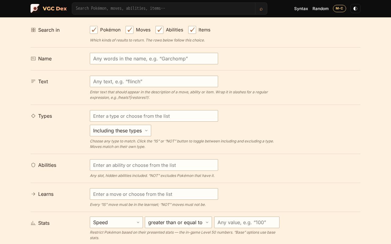 Preview of VGC Dex (vgcdex.com) — built site, deployed from the private vgcdex-search repo