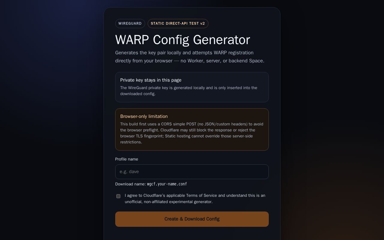 Preview of WARP Config Generator Static