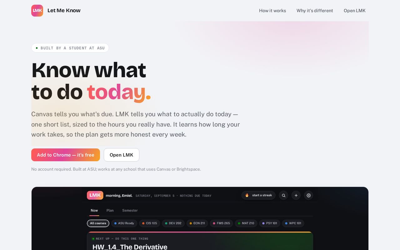 Preview of LMK — Canvas assignments as a calm daily plan. Knows what you should do today.