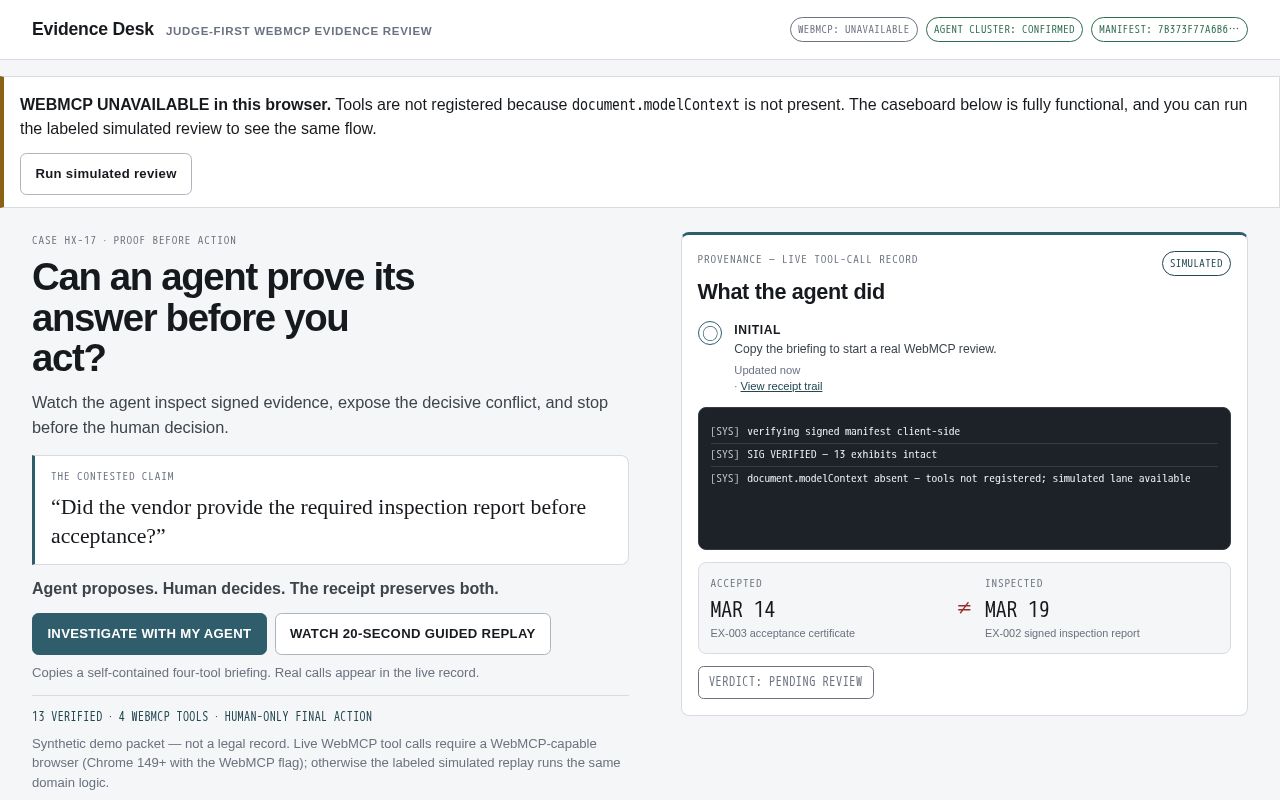 Preview of Webmcp Evidence Desk