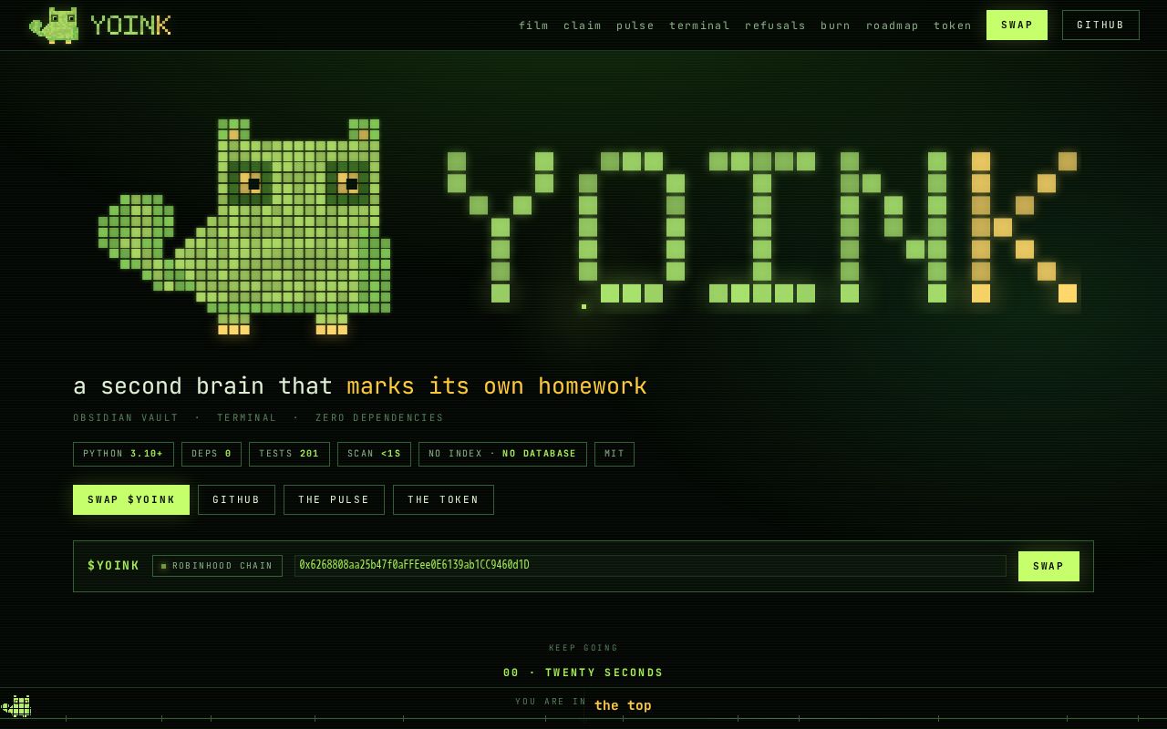 Preview of YOINK — a second brain that marks its own homework