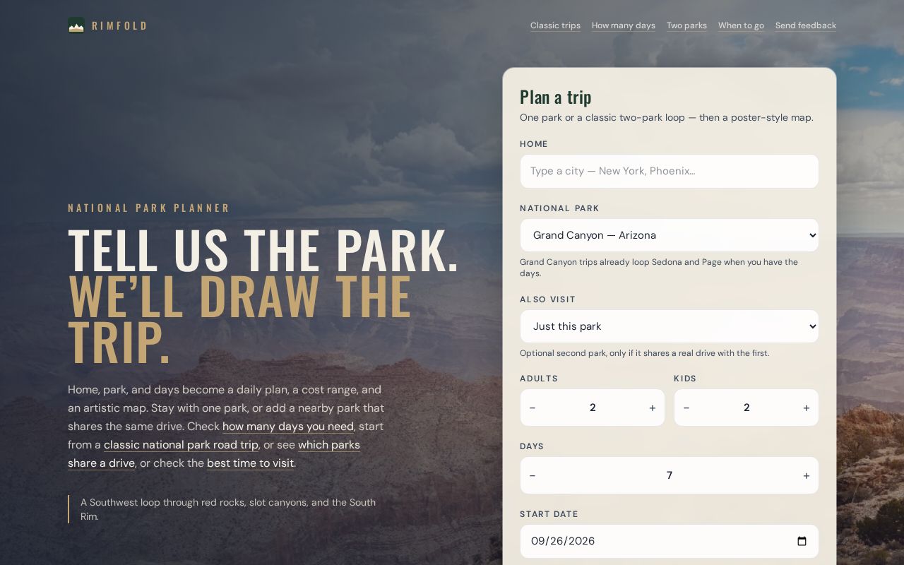 Preview of Rimfold — national park trip planner