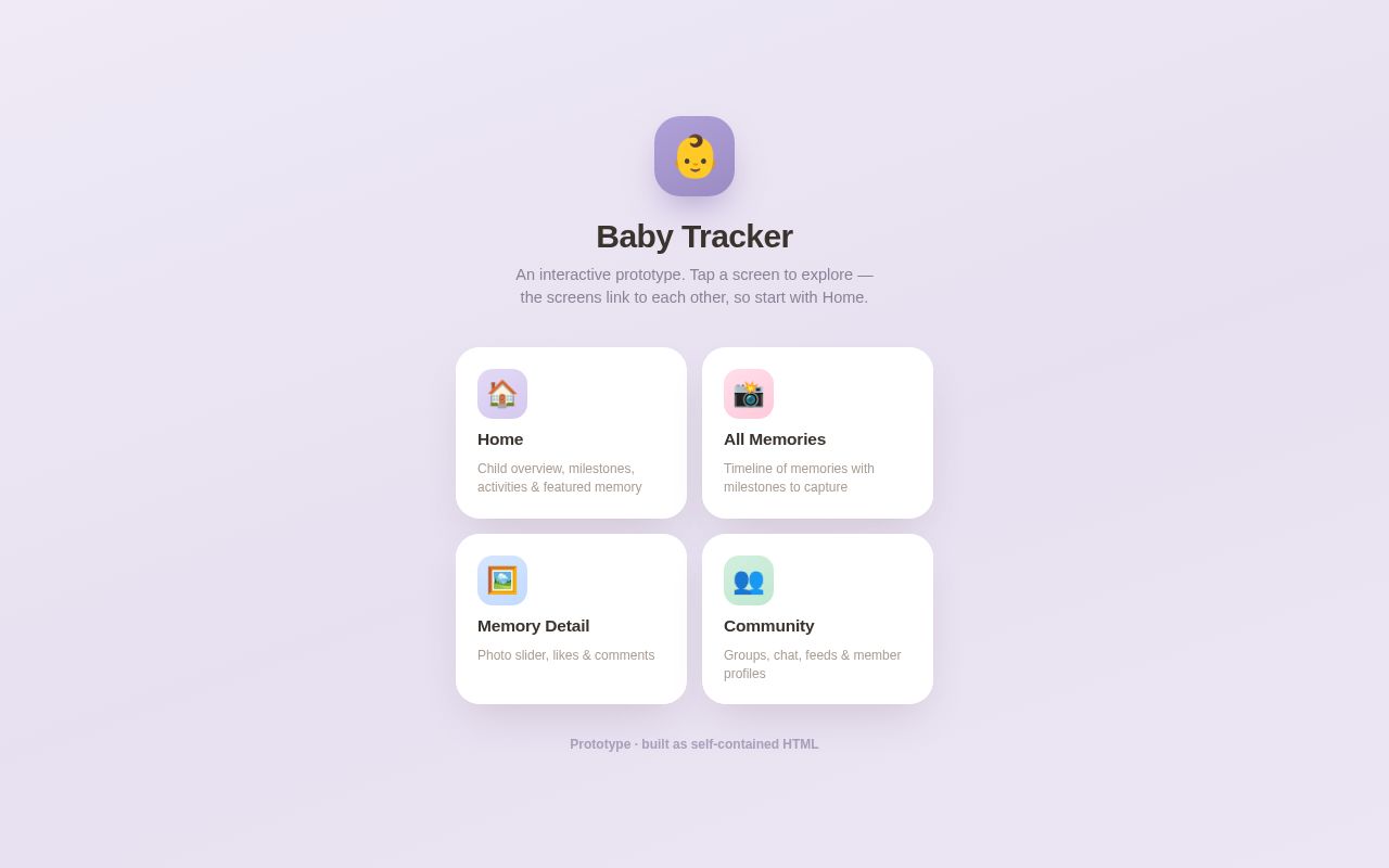Preview of Baby Tracker mobile app — interactive HTML prototype (home, memories, community)