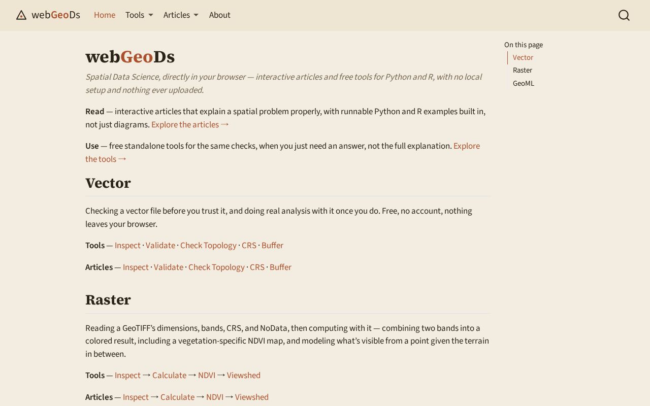 Preview of webgeods.com — bilingual (Python/R) spatial data science, in-browser via WebAssembly