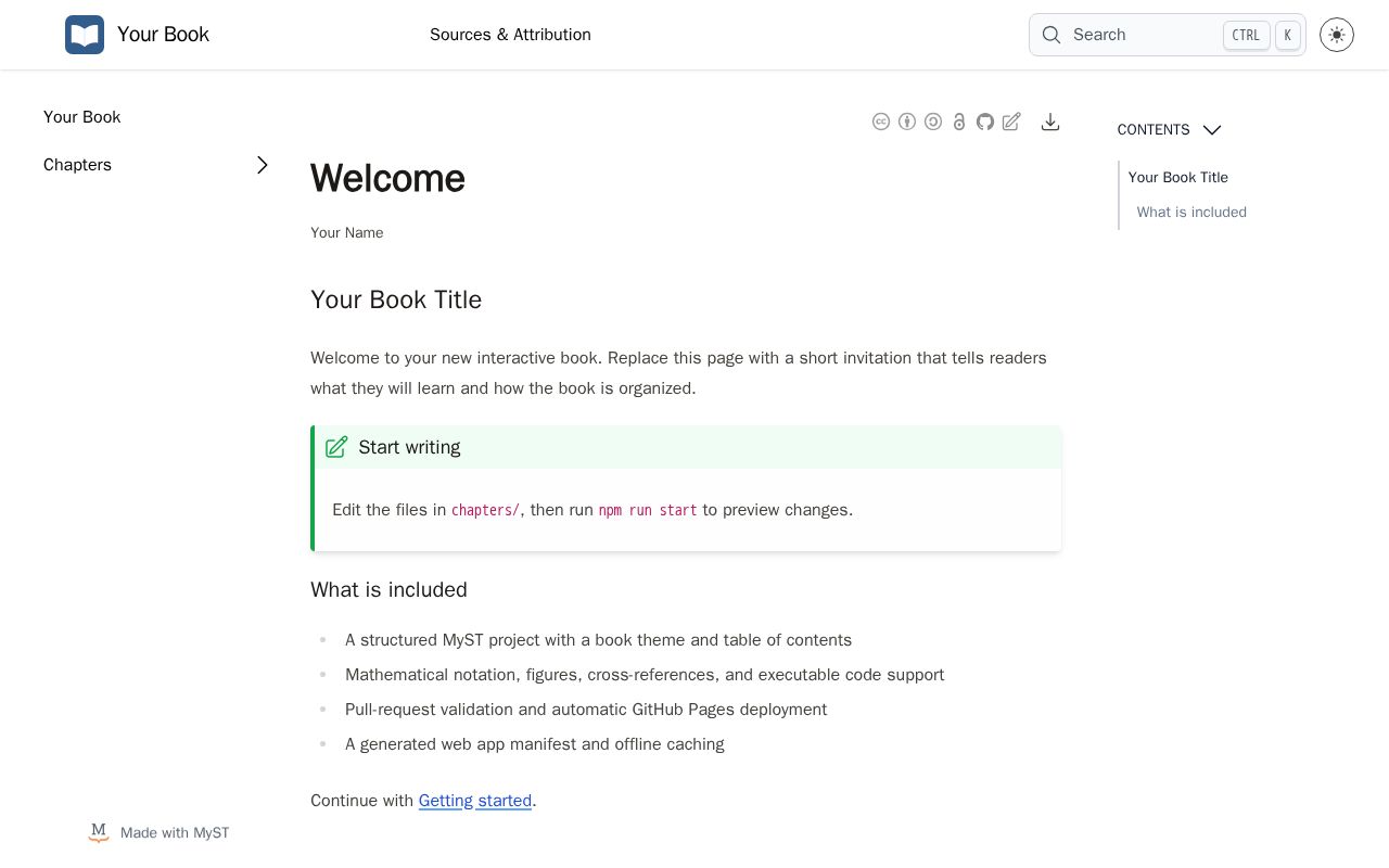 Preview of An opinionated, PWA-ready MyST Markdown book template