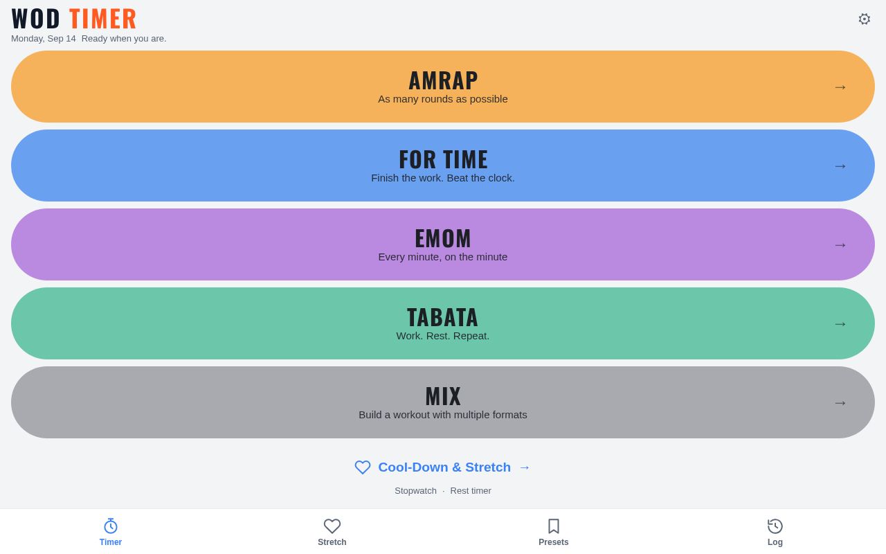 Preview of Workout timer PWA: AMRAP, EMOM, Tabata, For Time, MIX, guided cool-down