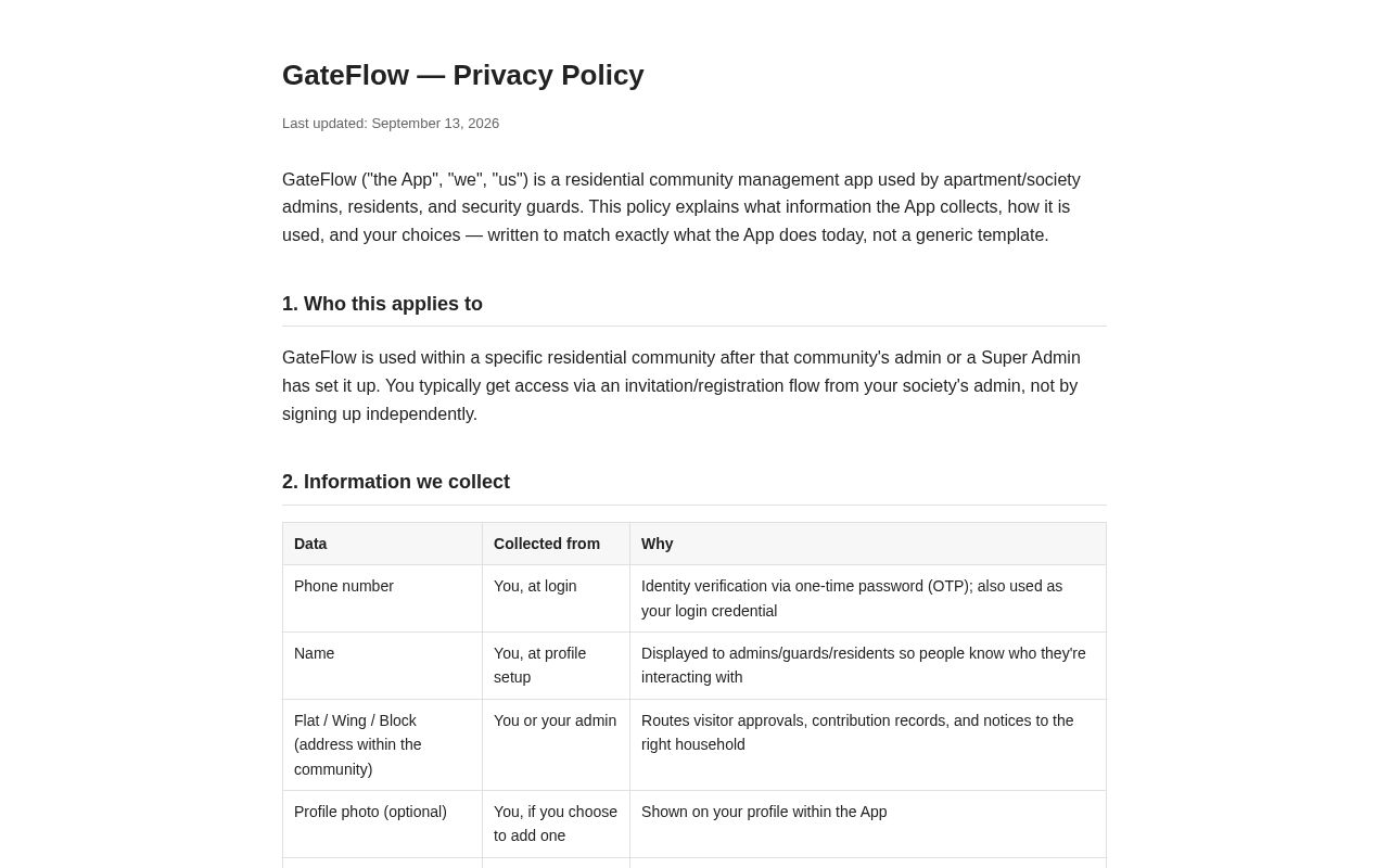 Preview of Public privacy policy page for the GateFlow app