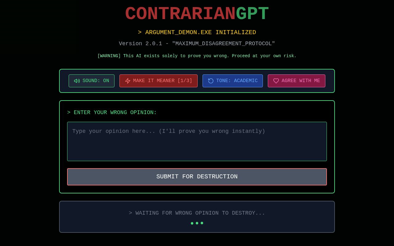 Preview of "ContrarianGPT" – Believes You’re Wrong About Everything