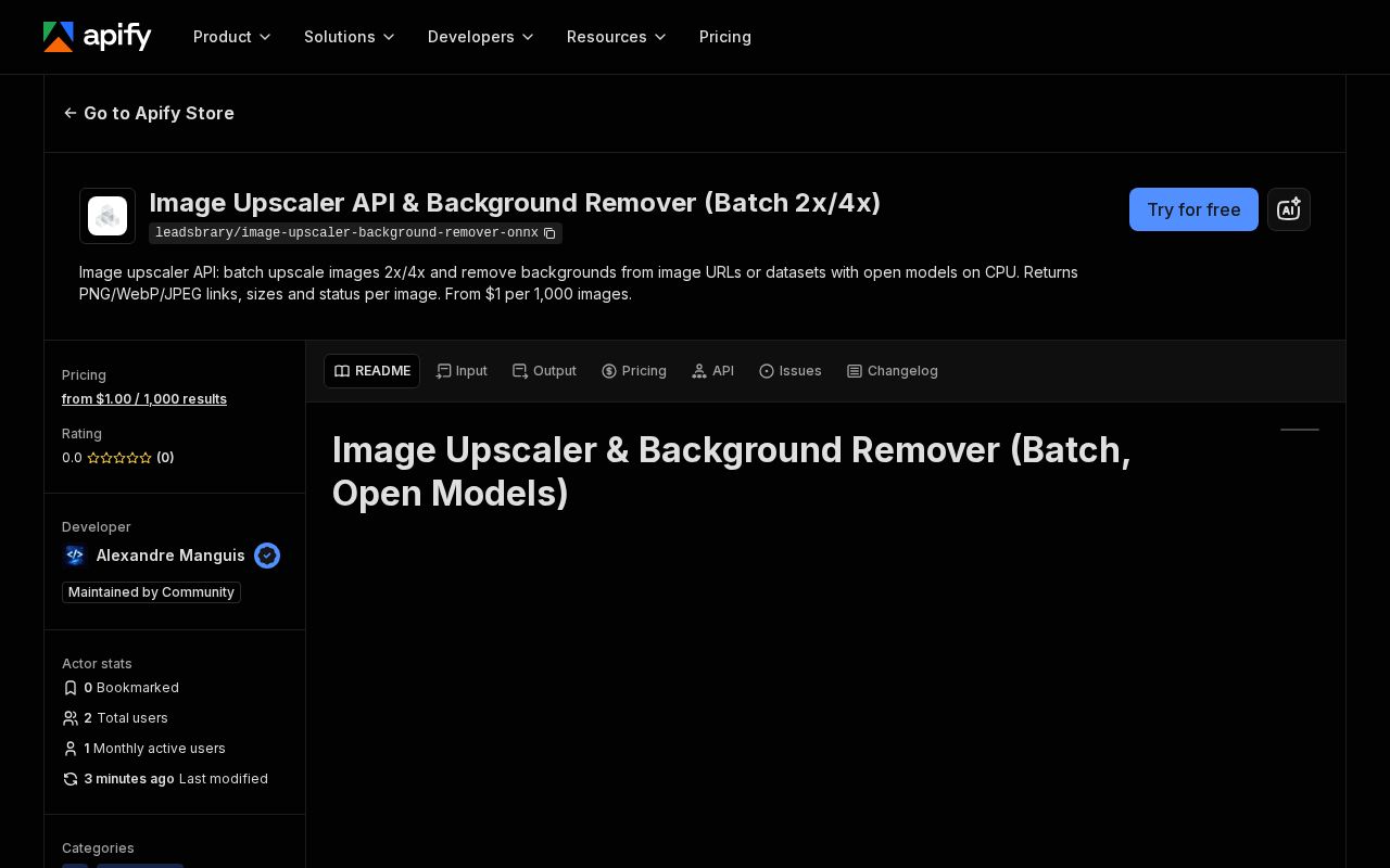 Preview of Image Upscaler Background Remover Onnx Apify Actor