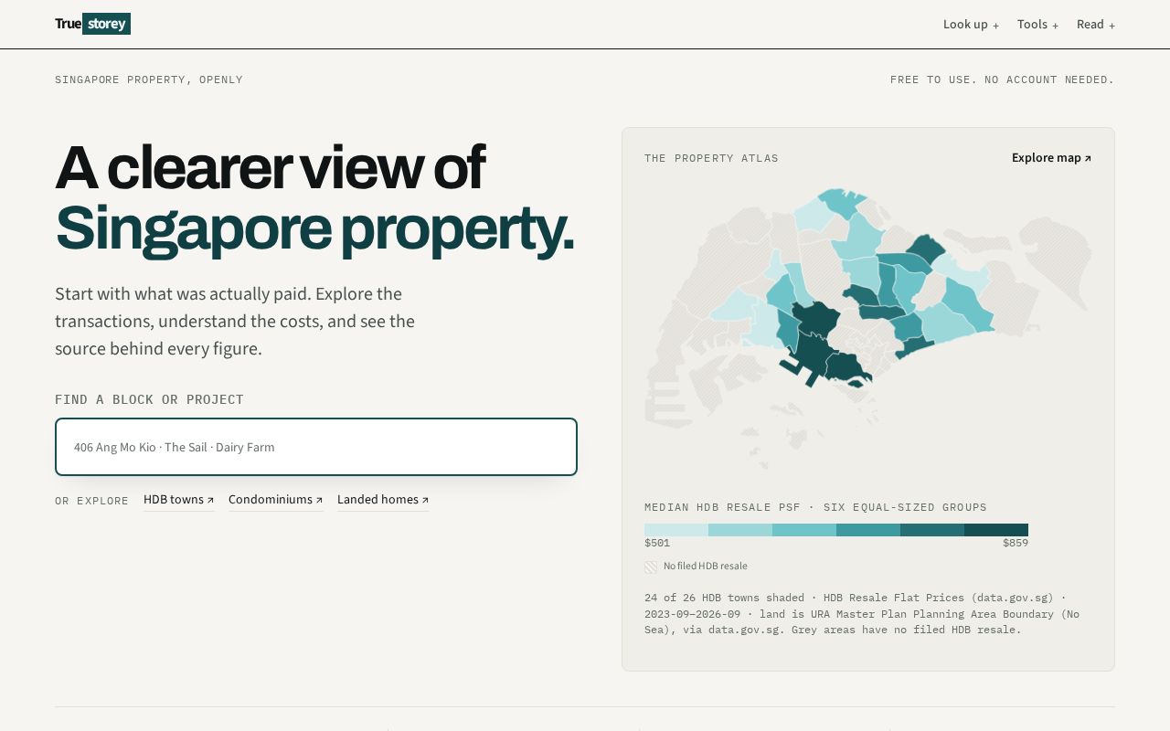 Preview of Editorial-first Singapore property site. Every lookup and calculator free, no sign-up.