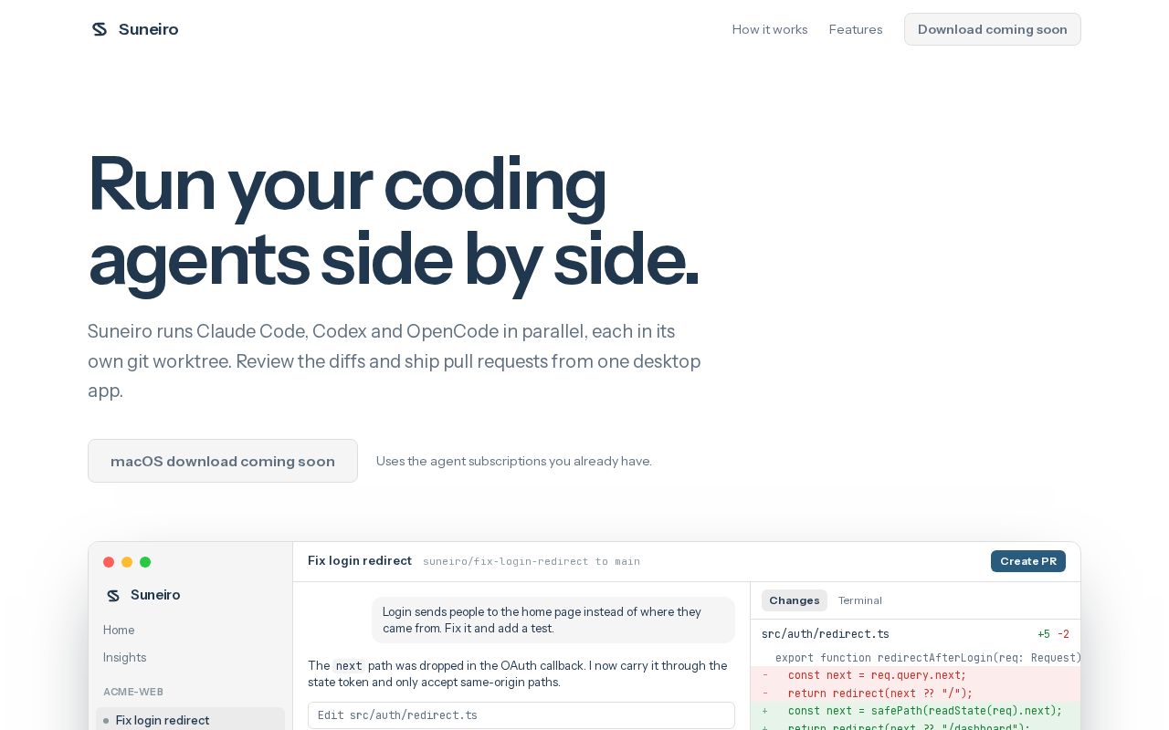 Preview of Suneiro: run your coding agents side by side