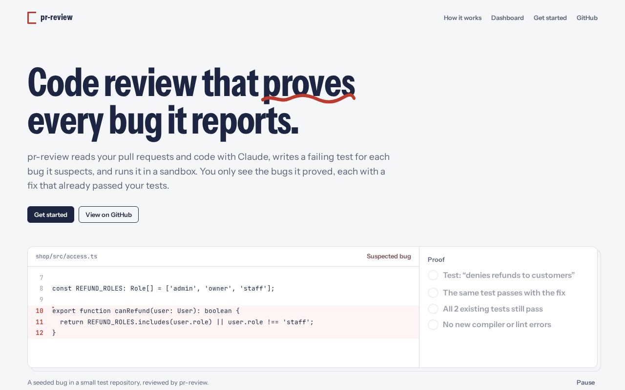 Preview of pr-review: code review that proves every bug