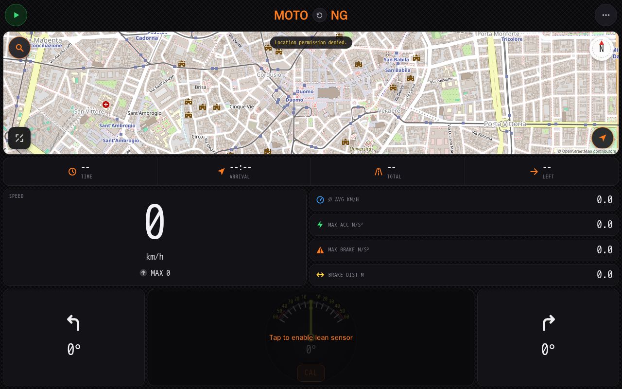 Preview of MOTO SPEED - motorcycle dashboard PWA (speed, lean agle, braking, GPS map, navigation)