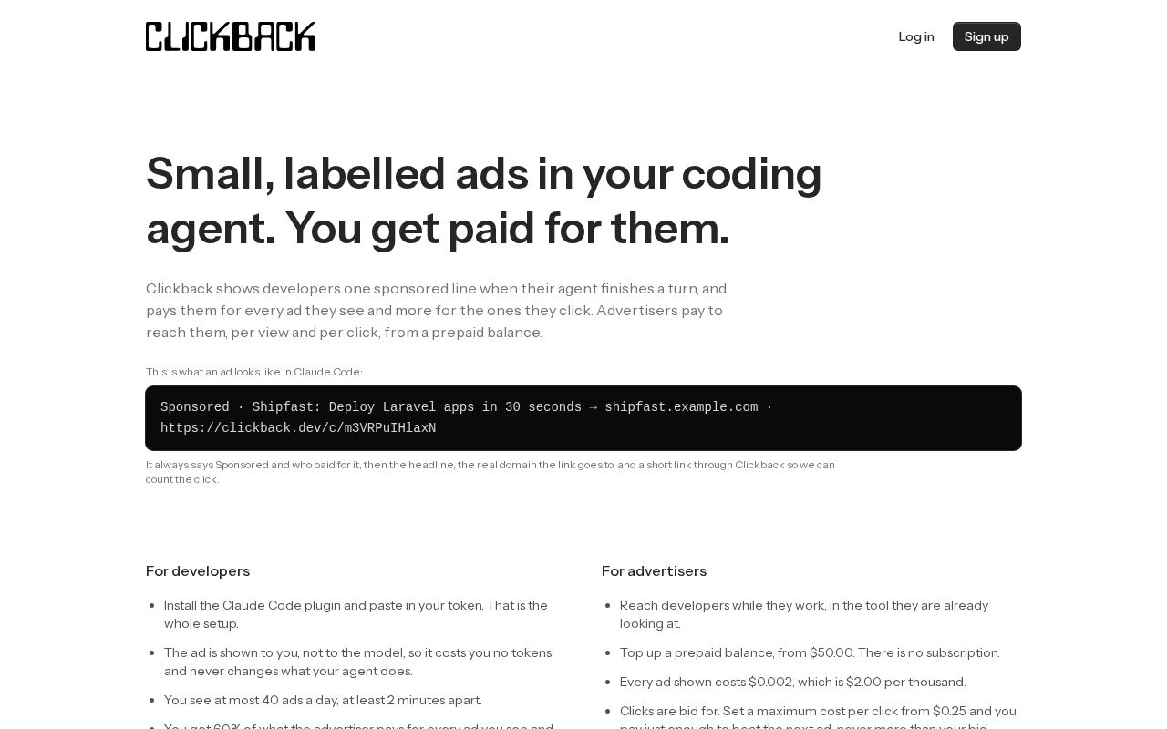 Preview of Get paid for the ads in your coding agent