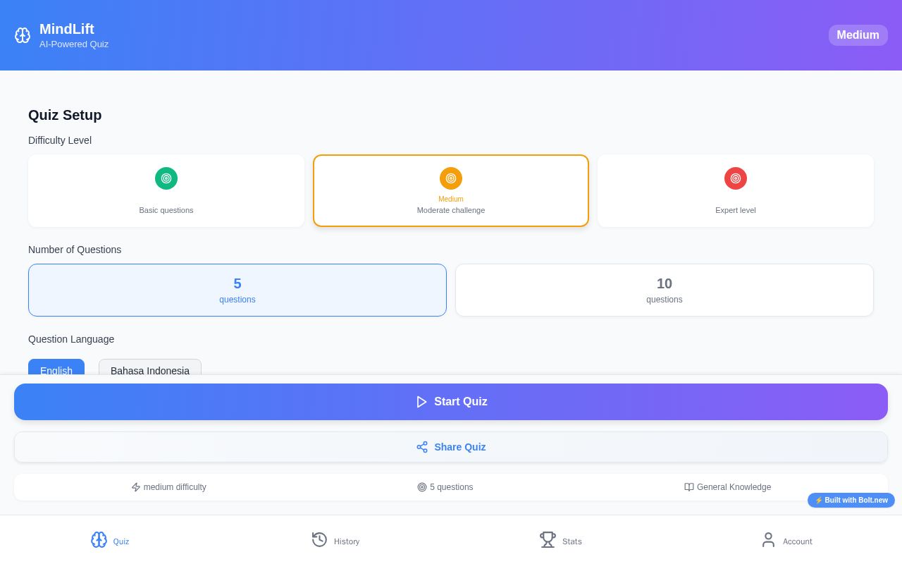Preview of MindLift: AI quizzes from any topic you choose