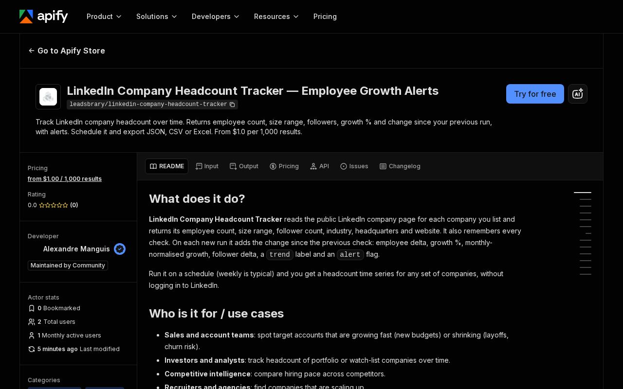 Preview of Linkedin Company Headcount Tracker Apify Actor