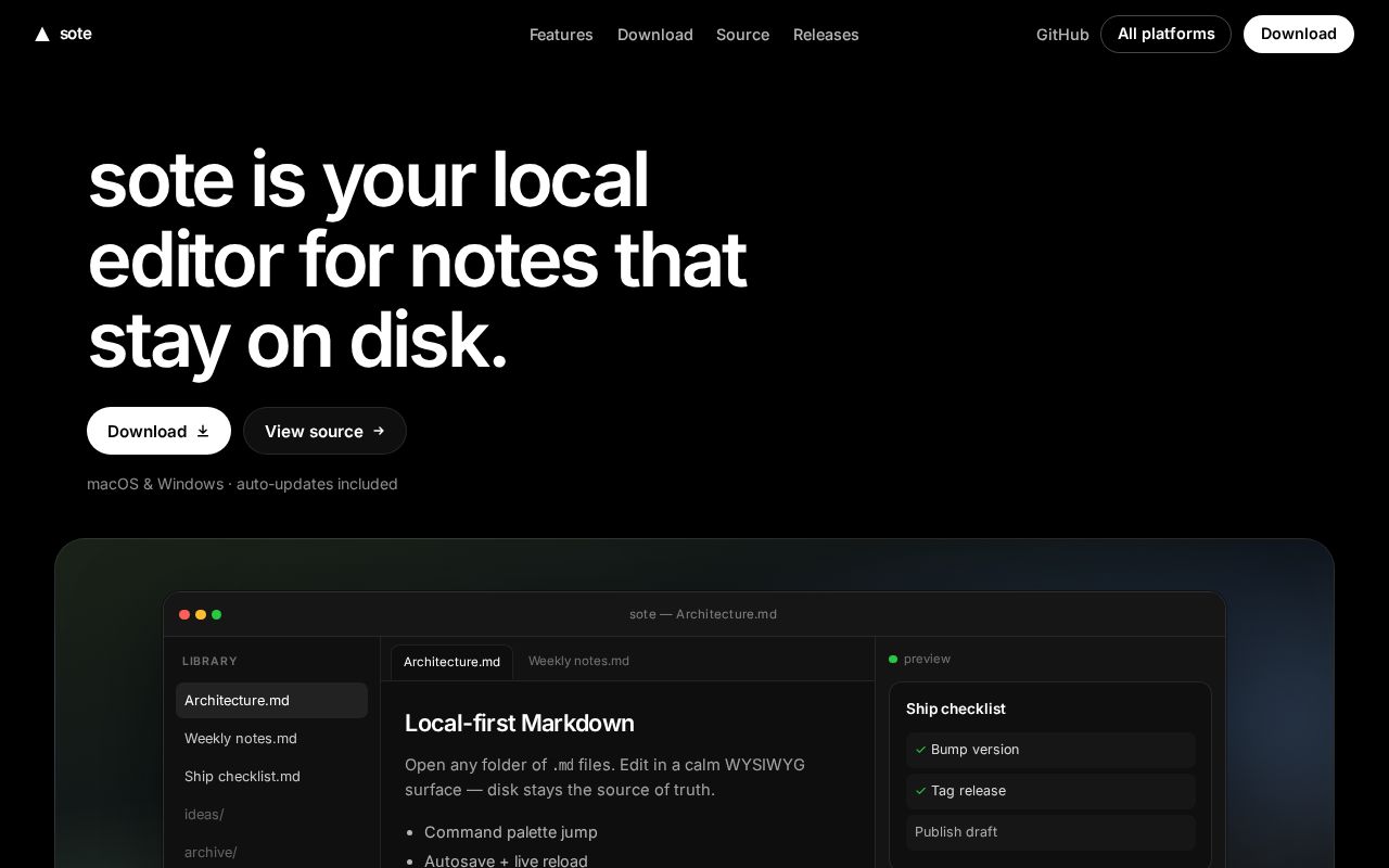 Preview of Public installers and auto-update artifacts for sote (releases only — no app source).