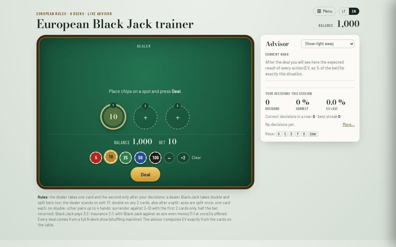 Preview of European Black Jack: exact strategy solver, trainer with a live advisor (LT/EN)