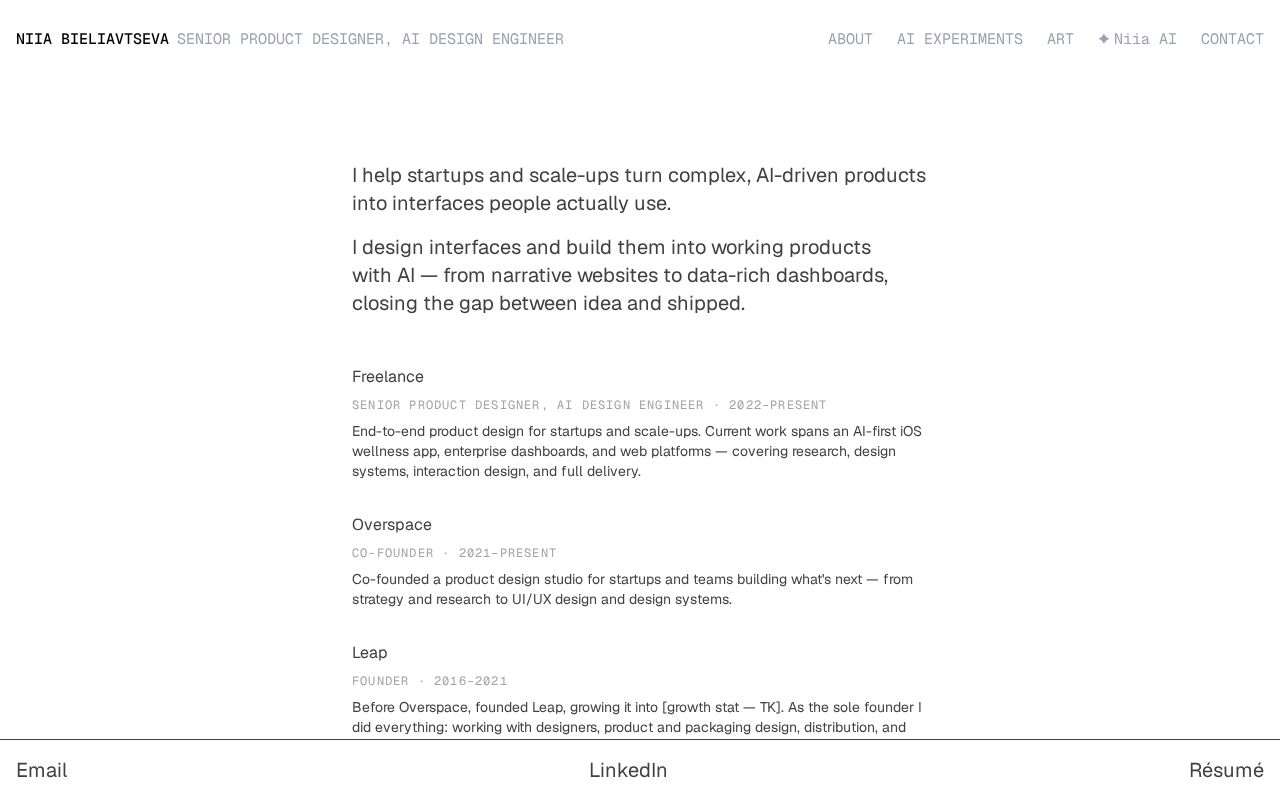 Preview of Personal site for Niia Bieliavtseva — Product Designer / AI Design Engineer