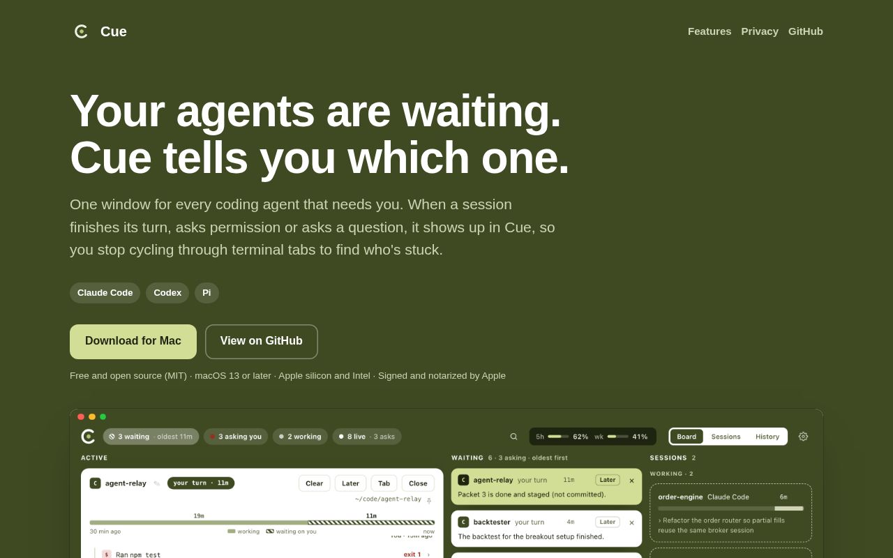Preview of Cue: every coding agent that needs you, in one window