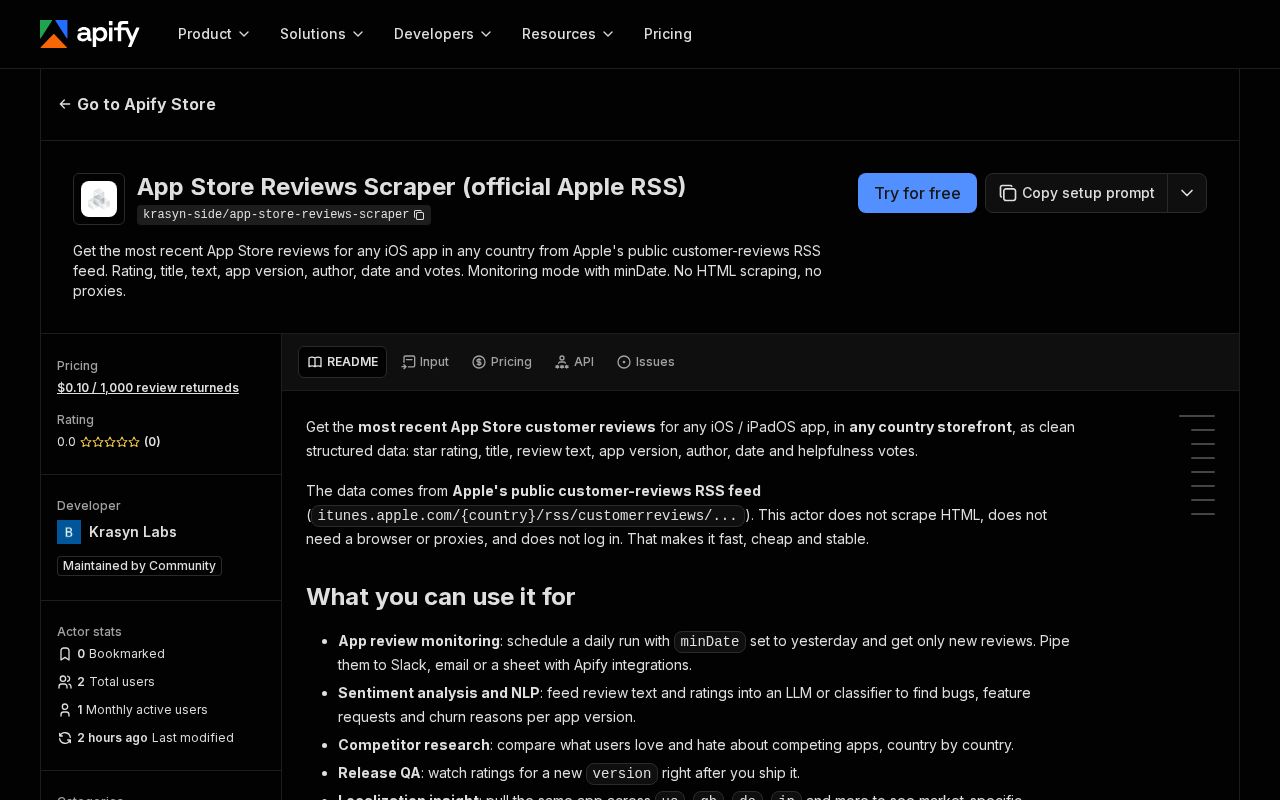 Preview of App Store Reviews Scraper