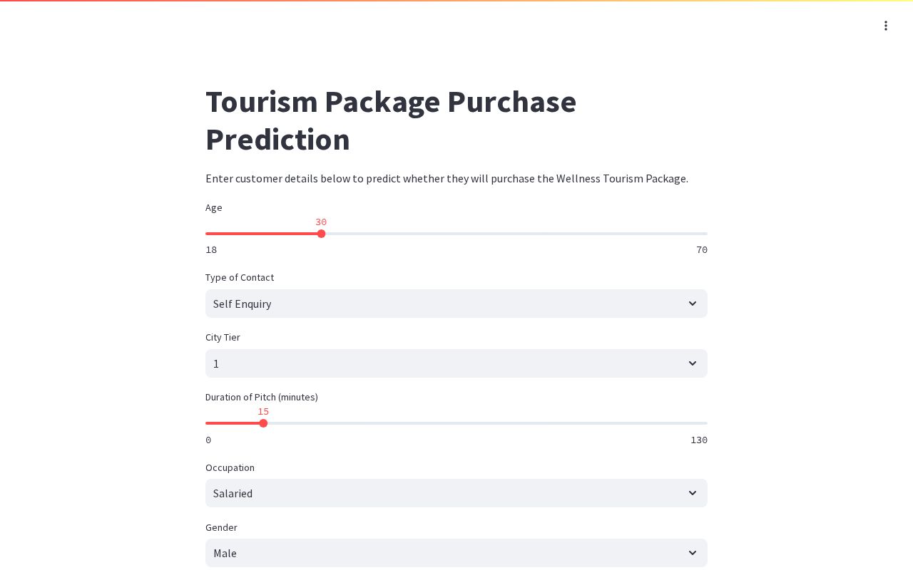 Preview of Tourism Package Prediction App