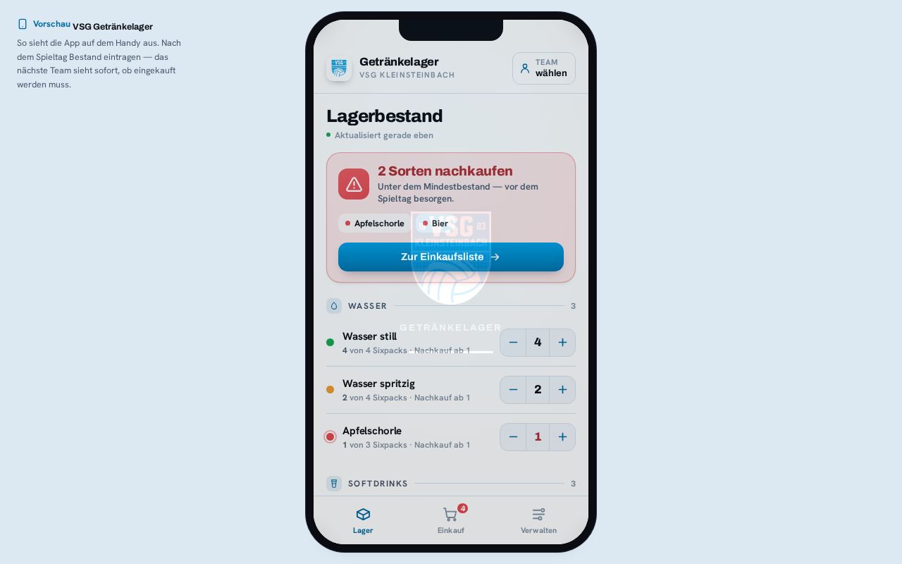 Preview of Getränke-Bestand der VSG Kleinsteinbach – Ampel & Einkaufsliste für den Spieltag (PWA)