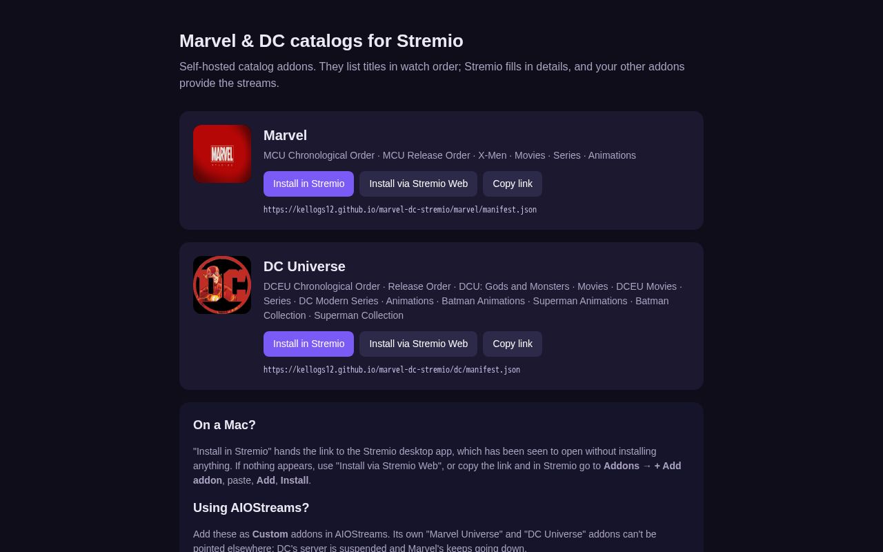 Preview of Marvel & DC catalogs for Stremio