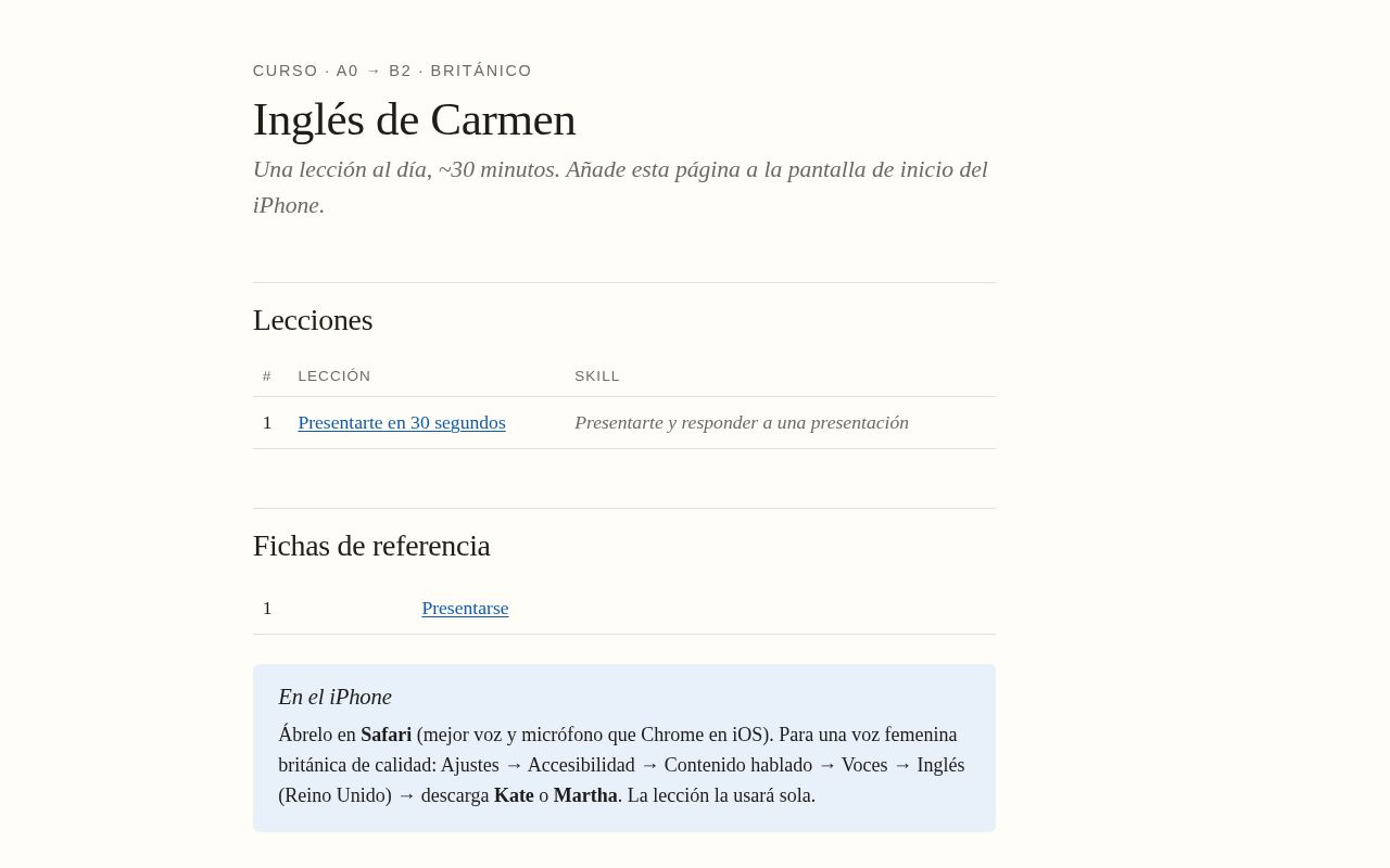 Preview of Carmen's English course (A0→B2) — lessons generated with Claude Code