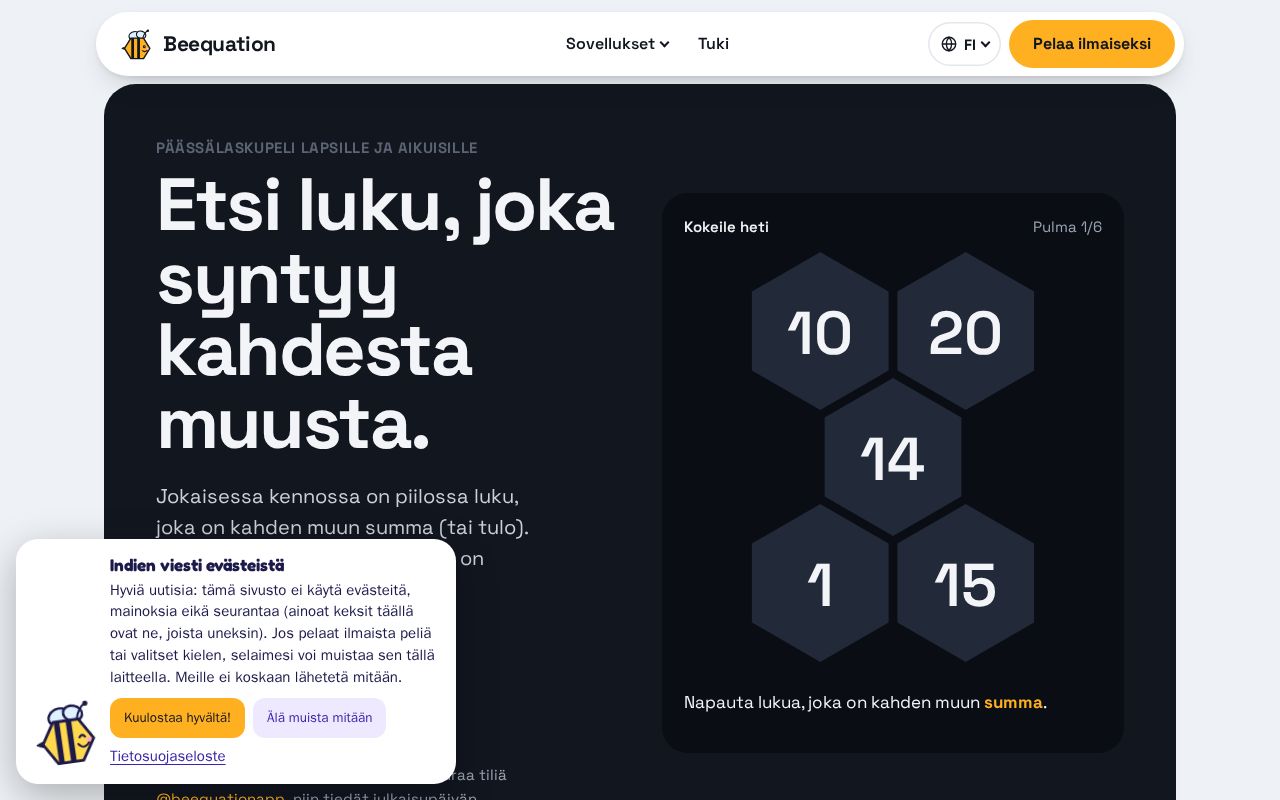 Preview of Beequation: päässälaskupeli lapsille ja aikuisille