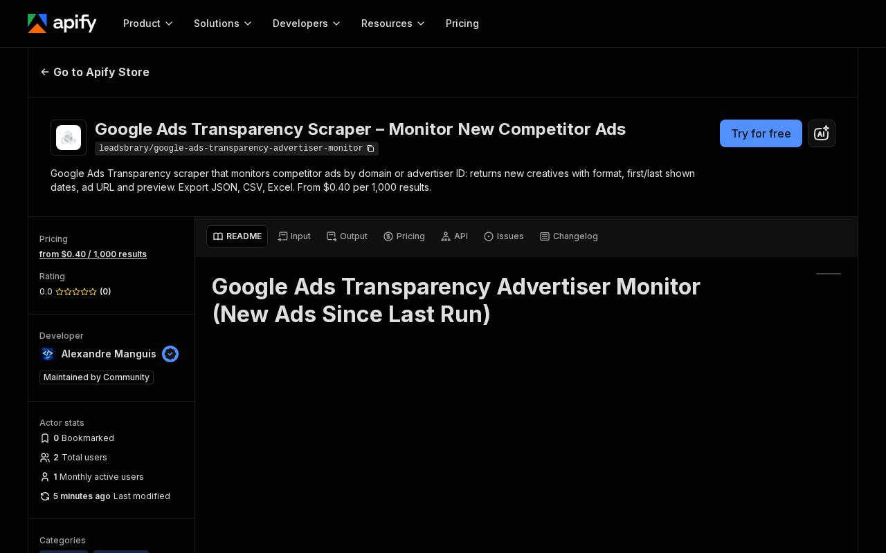 Preview of Google Ads Transparency Advertiser Monitor Apify Actor
