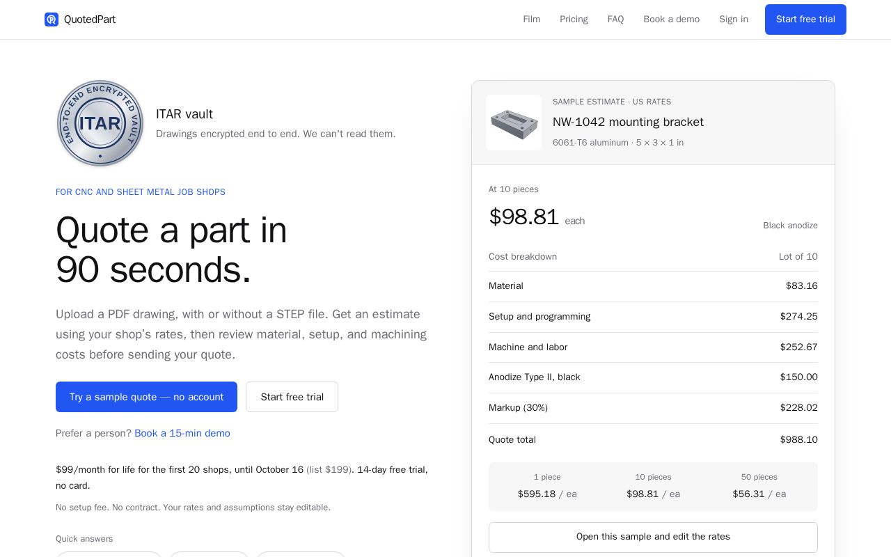 Preview of Machining Quote Calculator