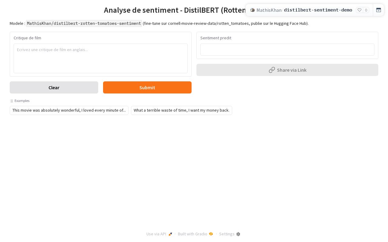 Preview of Distilbert Sentiment Demo