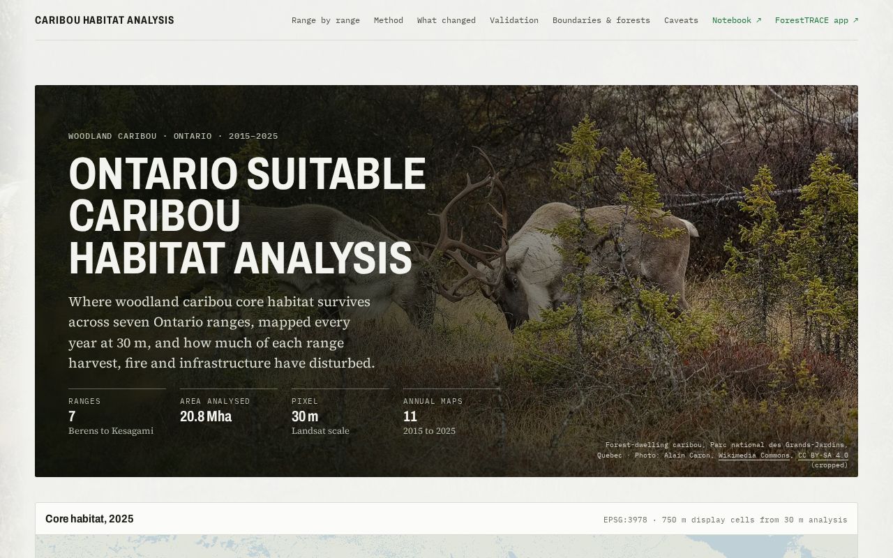Preview of Annual 30 m woodland caribou core-habitat maps for seven Ontario ranges, 2015-2025