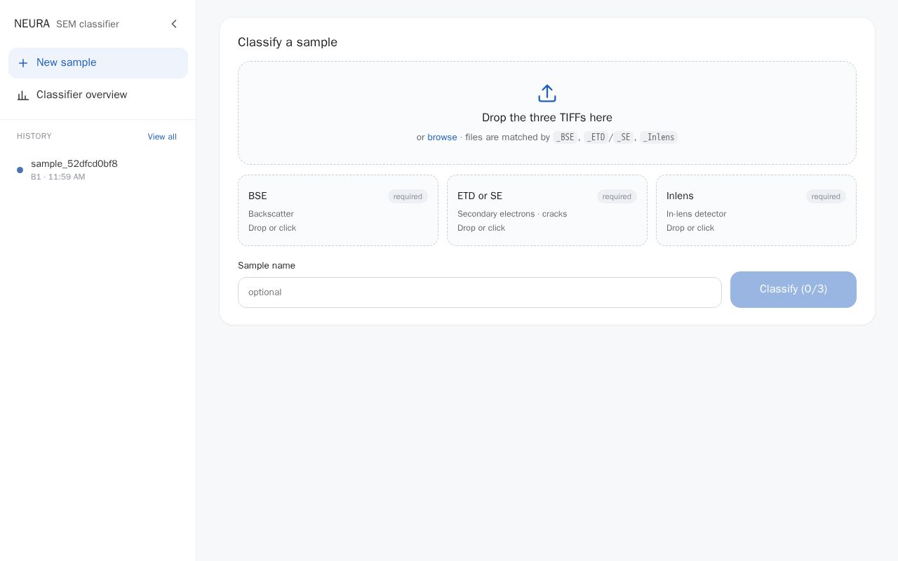 Preview of NEURA sample classifier