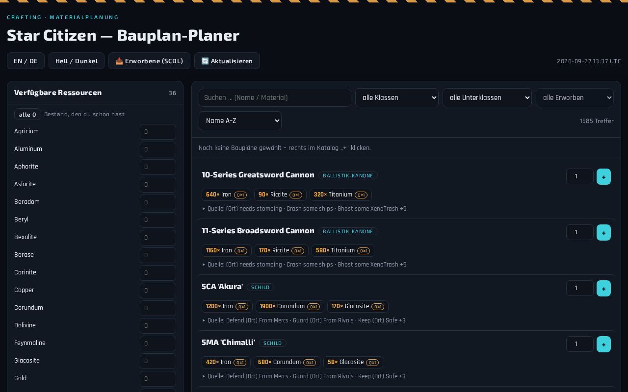 Preview of StarCitizen Bauplan Planer