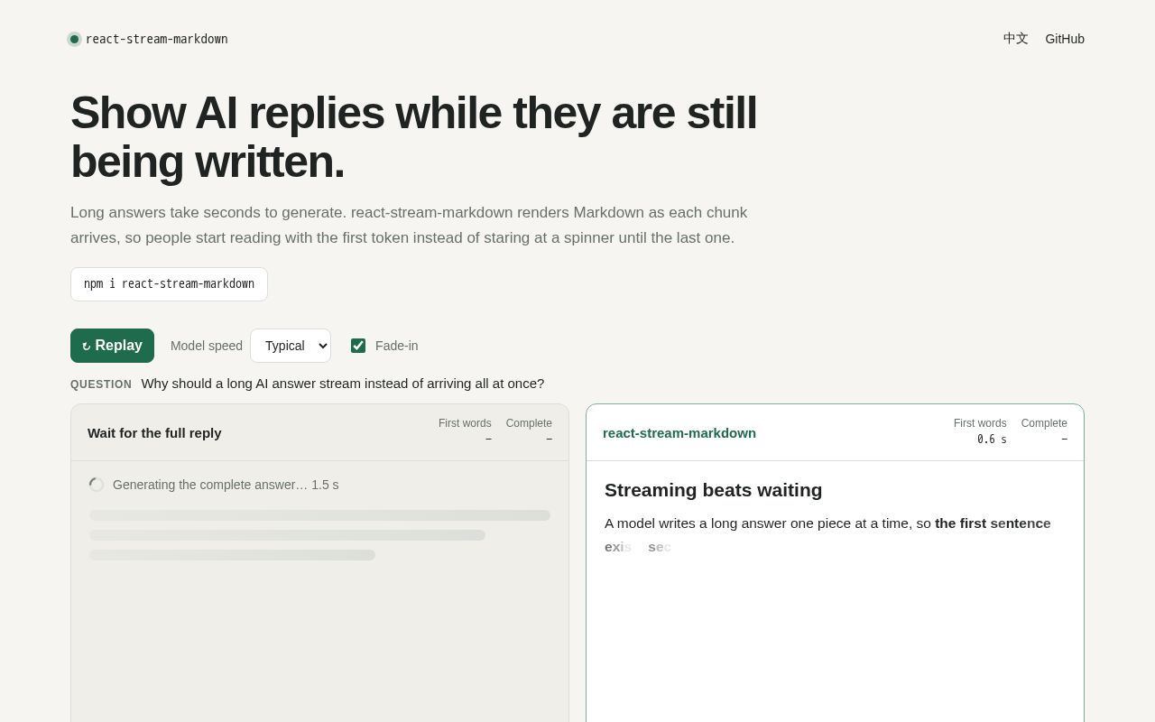 Preview of React Stream Markdown