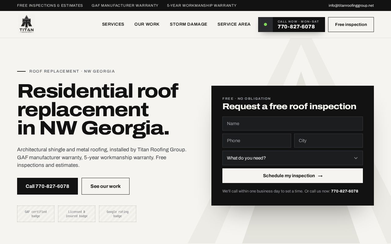 Preview of Titan Roofing Group website — roof replacement in NW Georgia
