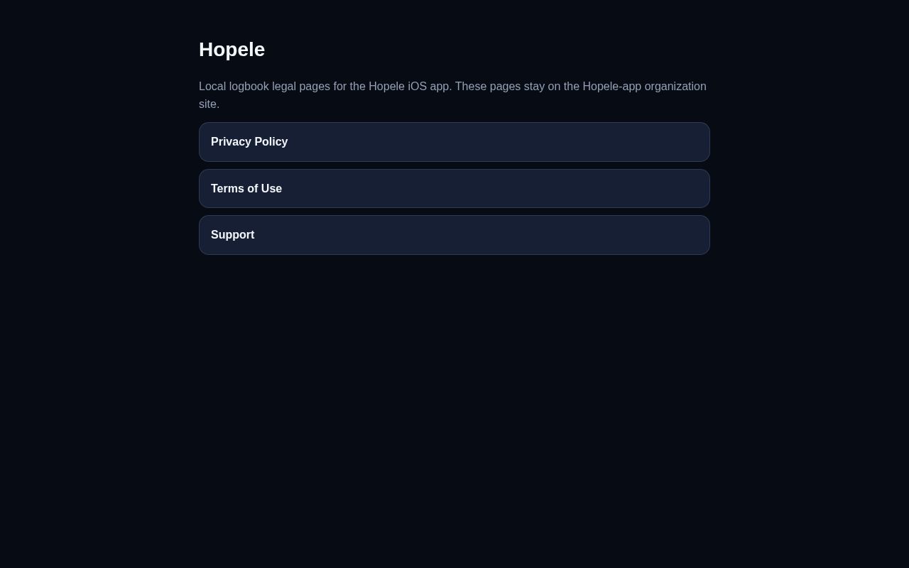 Preview of Hopele Privacy Policy, Terms of Use, and Support