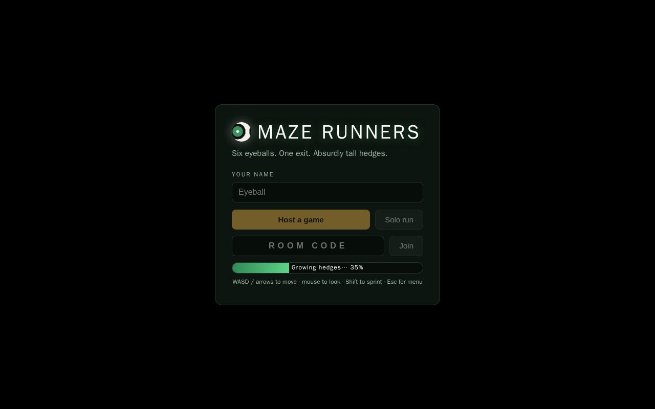 Preview of P2P multiplayer 3D hedge maze race (Three.js + PeerJS)